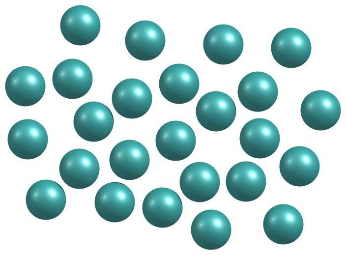 Disordered arrangement of particles in an amorphous solid.