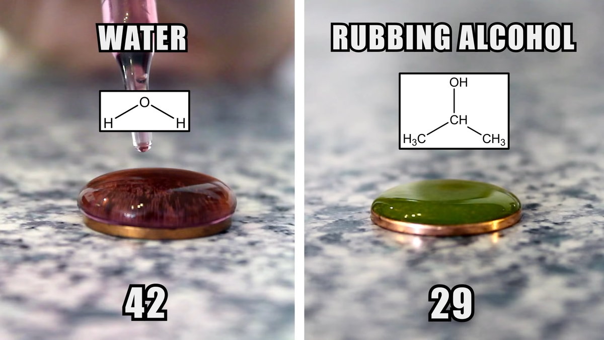 Drops of water vs. rubbing alcohol on the surface of a penny. [Source](https://youtu.be/6YGLfZG5lEQ)