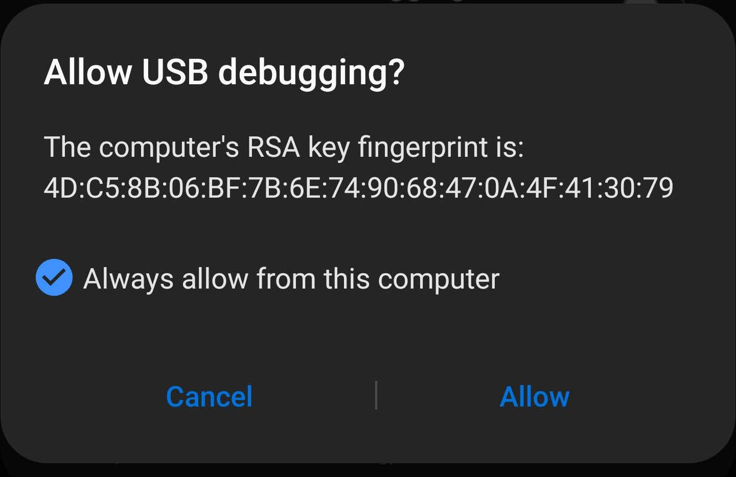 Allow "USB Debugging" when connecting to your PC